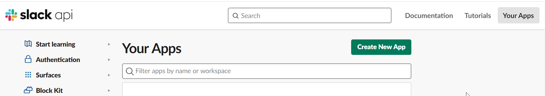 Slack API navigation menu