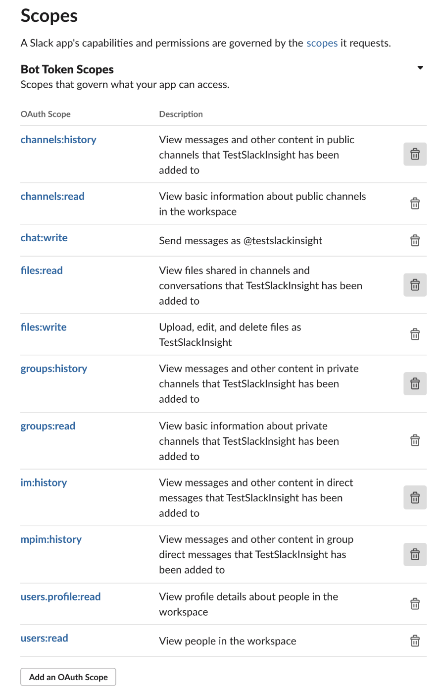 Slack API scopes, showing channels:history channels:read chat:write files:read files:write groups:history groups:read im:history mpim:history users.profile:read users:read