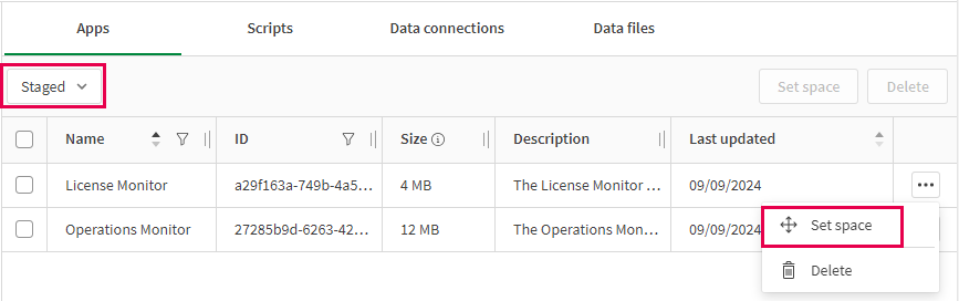 Qlik Cloud のアプリ ページで、段階アプリのフィルターが表示されます。