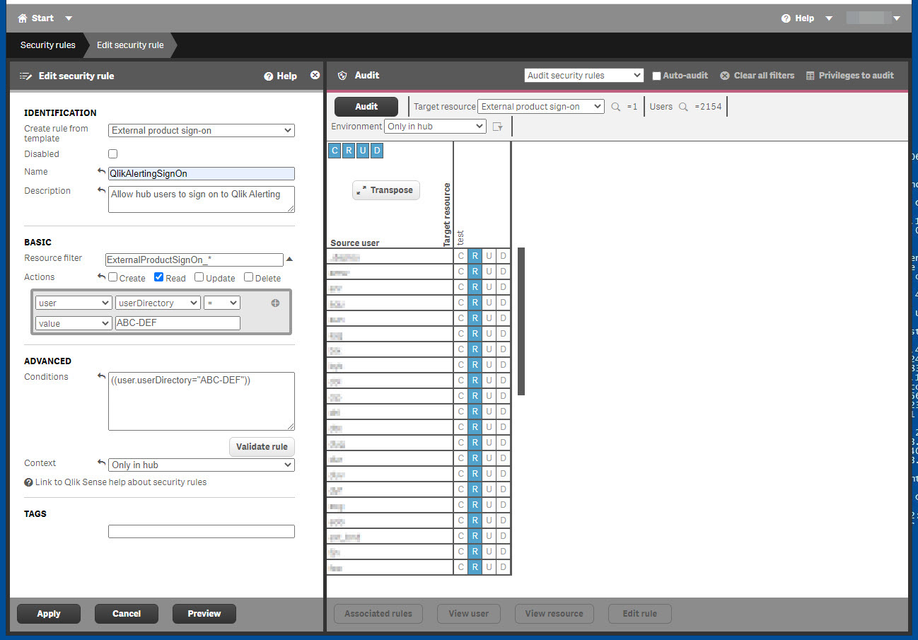 セキュリティ ルール構成ペイン