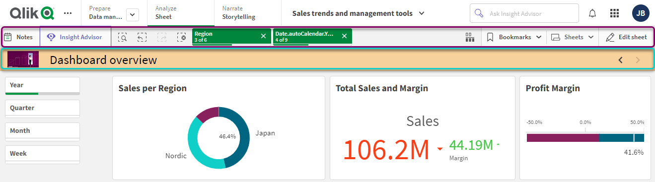 ツールバーとシート ヘッダーが上に表示されている Qlik Sense シート。