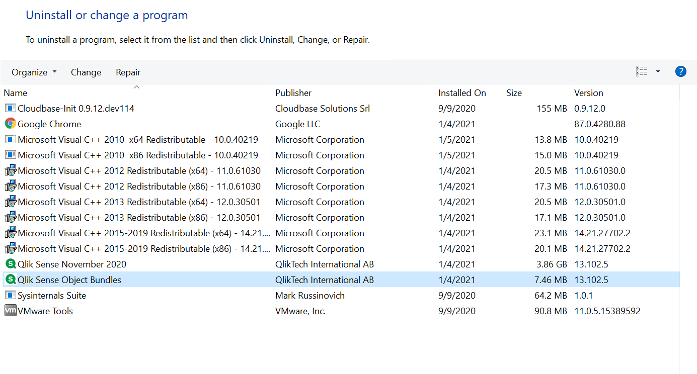 A view of the Windows control panel with an object bundle selected