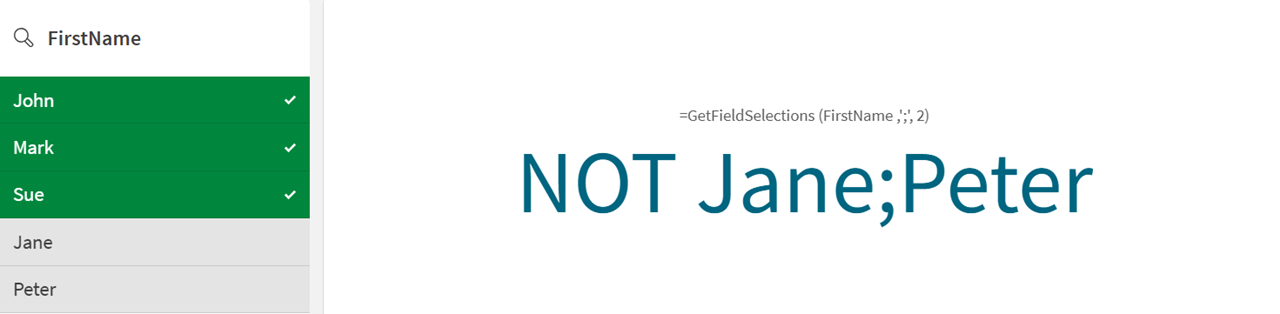 GetFieldSelections 関数の最大値を超える選択を表示する KPI とフィルター パネル。