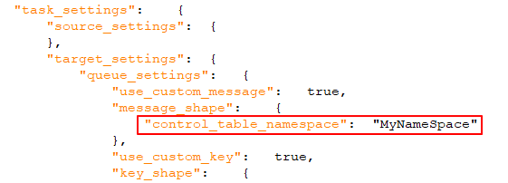 「control_table_namespace」項目が強調表示された JSON ファイルのエクスポートの例
