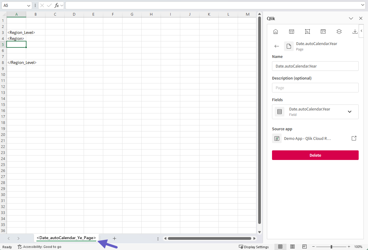レベルとページ オブジェクトが定義された Excel テンプレート