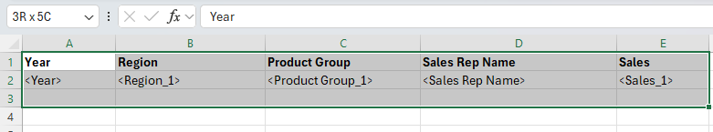 ピボット ソース用の標準テーブルを作成するために選択された Excel 範囲