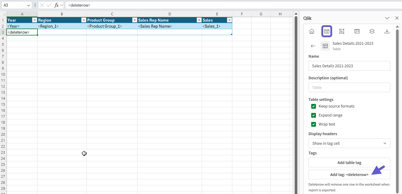 最終行に deleterow タグが挿入された Excel 標準テーブル