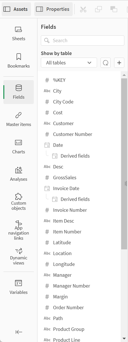 クリックしてフル サイズを表示 Assets panel in advanced sheet edit mode with Fields selected