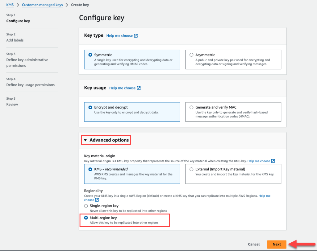 CMK キーを作成するためのボタン リンクを備えた AWS 管理コンソール。