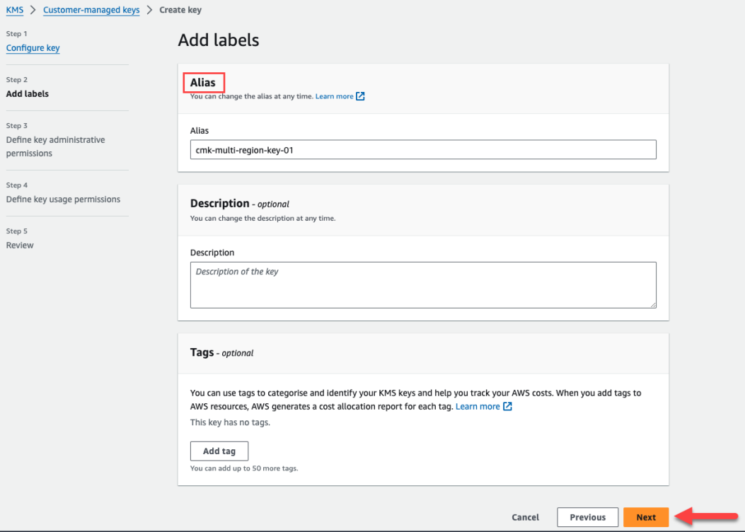 CMK キーを作成するためのボタン リンクを備えた AWS 管理コンソール。