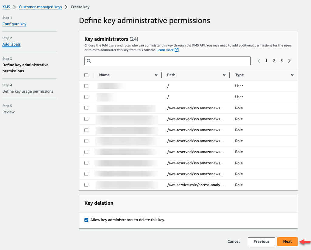 CMK キーを作成するためのボタン リンクを備えた AWS 管理コンソール。