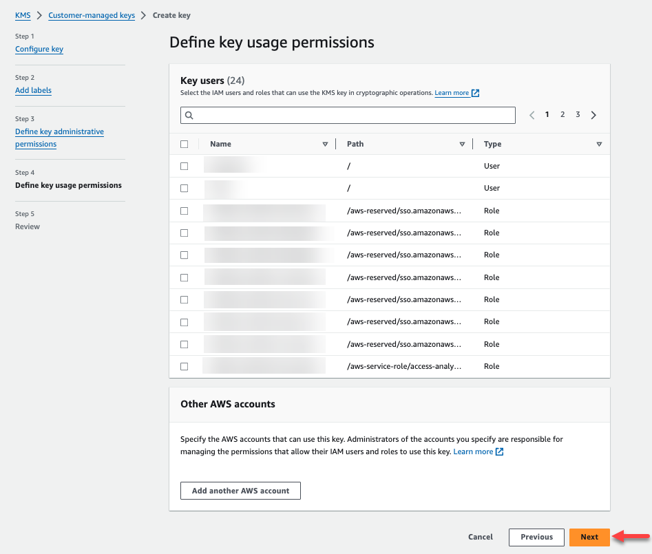 CMK キーを作成するためのボタン リンクを備えた AWS 管理コンソール。