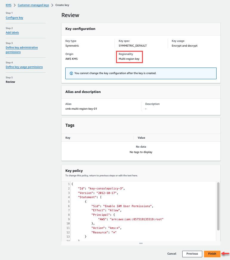 CMK キーを作成するためのボタン リンクを備えた AWS 管理コンソール。