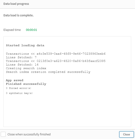 クリックしてフル サイズを表示 トランザクション テーブルが 2 回ロードされたことを示すデータ ロード進捗状況ログ。