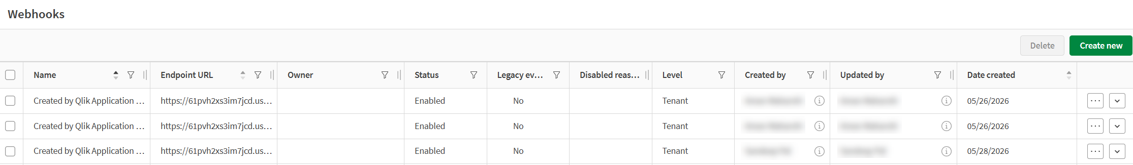 クリックしてフル サイズを表示 管理コンソール Webhook テーブル