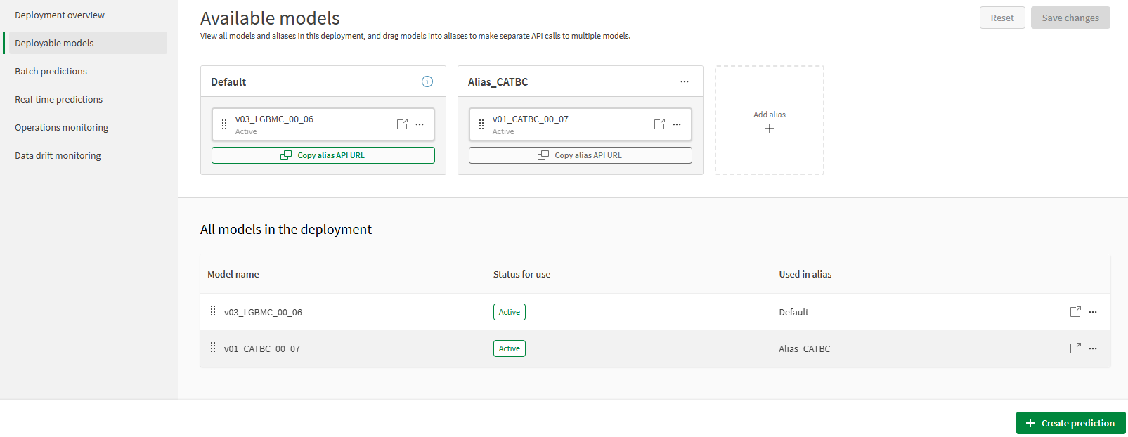 Qlik Predict ML 展開インタフェースの [展開可能モデル] ペイン