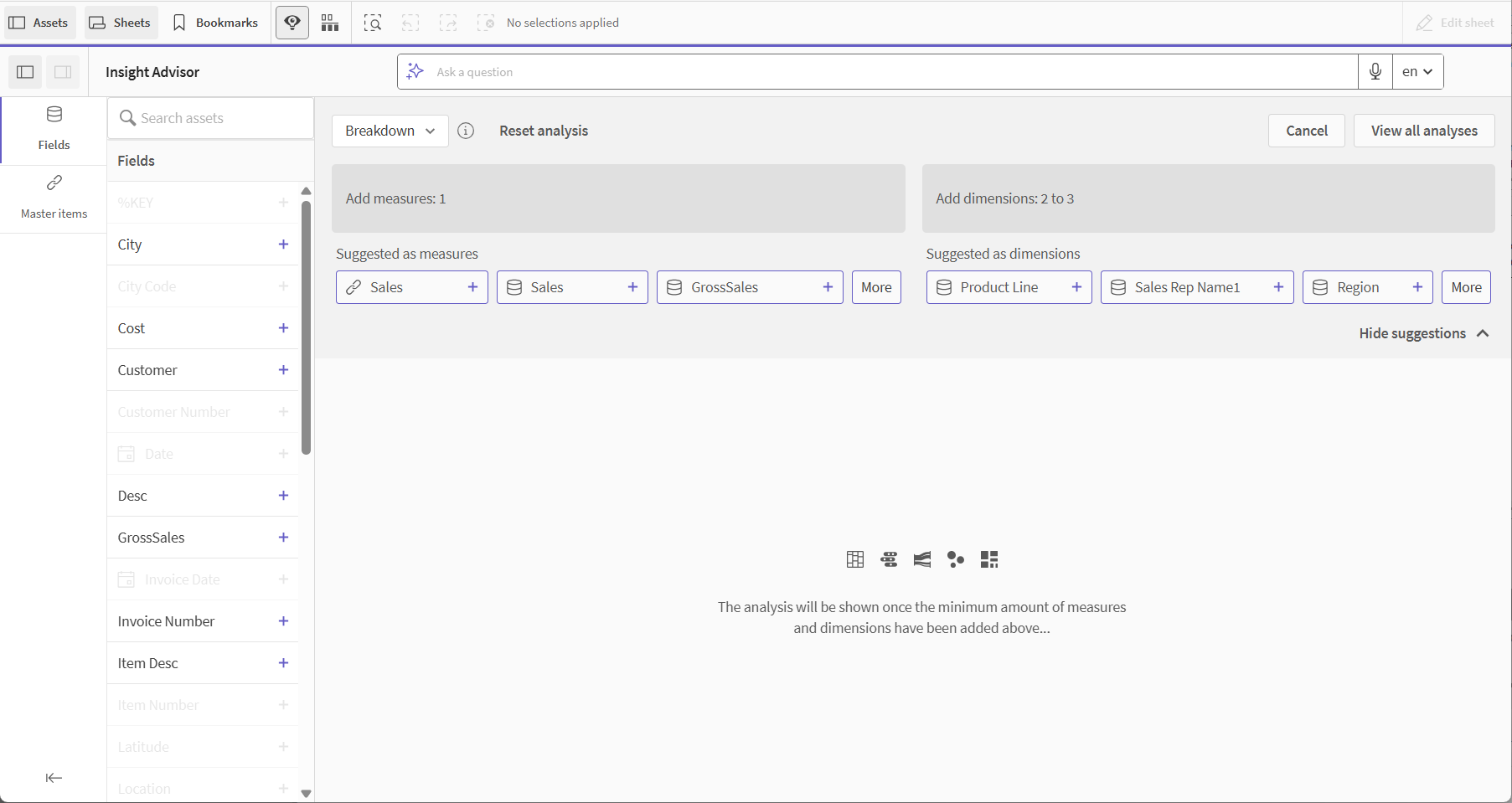 Insight Advisor 分析タイプ。内訳分析の作成オプションを表示します。