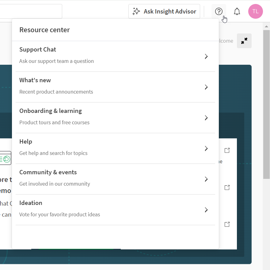 クリックしてフル サイズを表示 Qlik Cloud のリソース センター メニュー