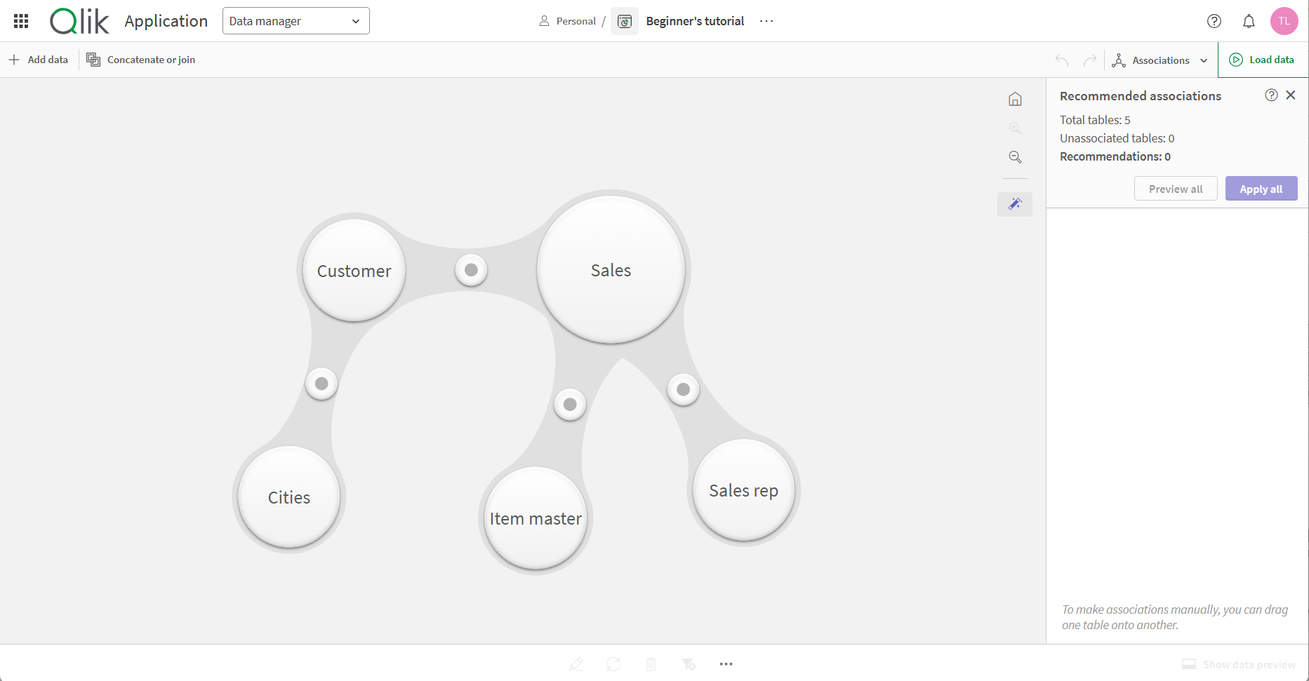 Qlik Cloud 分析アプリケーションのデータ マネージャー