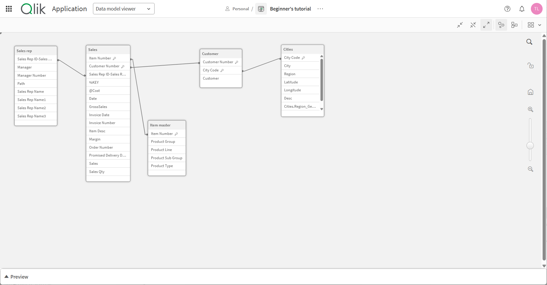 Qlik Sense クラウド UI のデータ モデル ビューア
