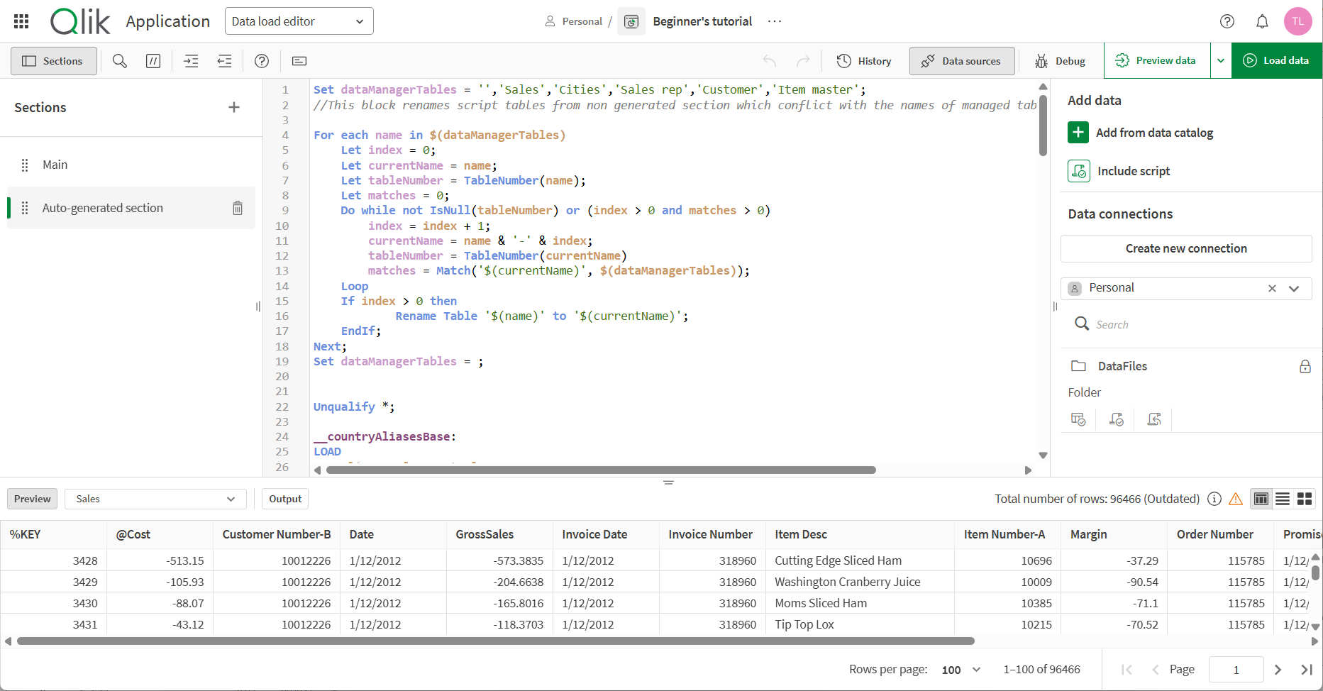 Qlik Cloud 分析アプリケーションのデータ ロード エディター。