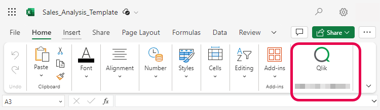 Qlik アドイン アイコンを表示する Microsoft Excel のリボン バー