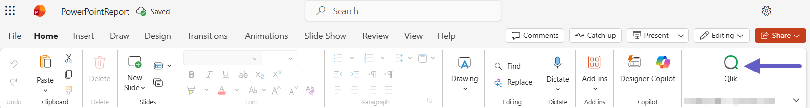 Qlik アドイン アイコンを表示する Microsoft PowerPoint のリボン バー