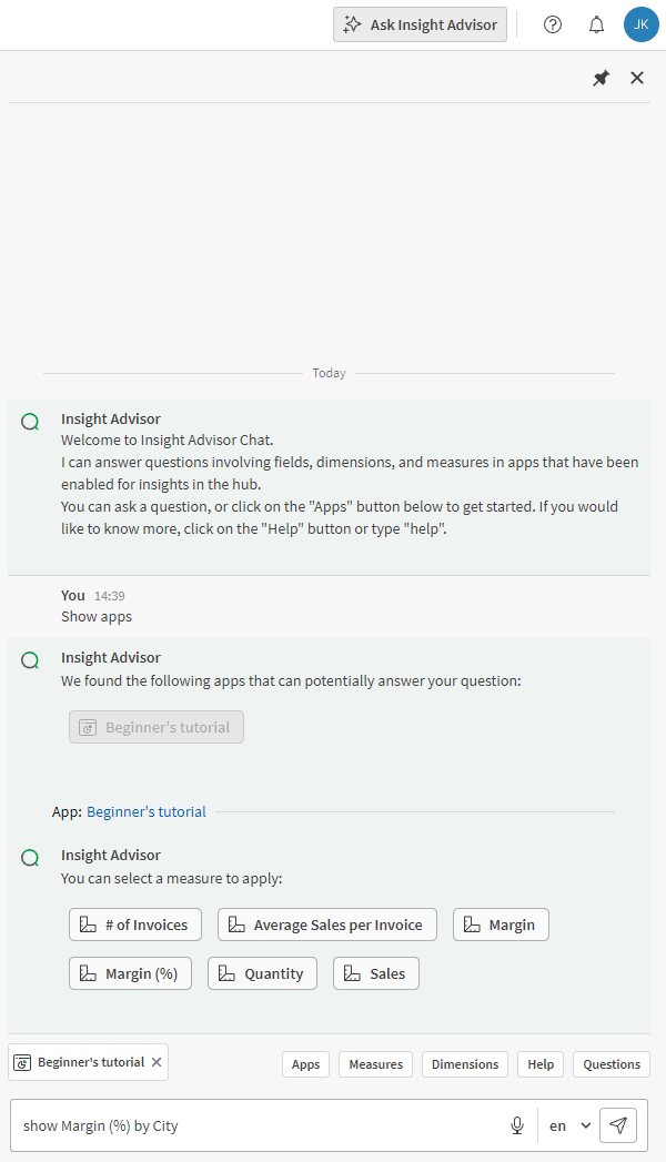 クリックしてフル サイズを表示 Insight Advisor Chat、会話を表示