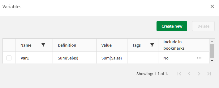 クリックしてフル サイズを表示 変数定義 (Sum Sales) の先頭に等号が配置されていない場合の、変数 Var1 の定義と値を表示する変数ダイアログ。