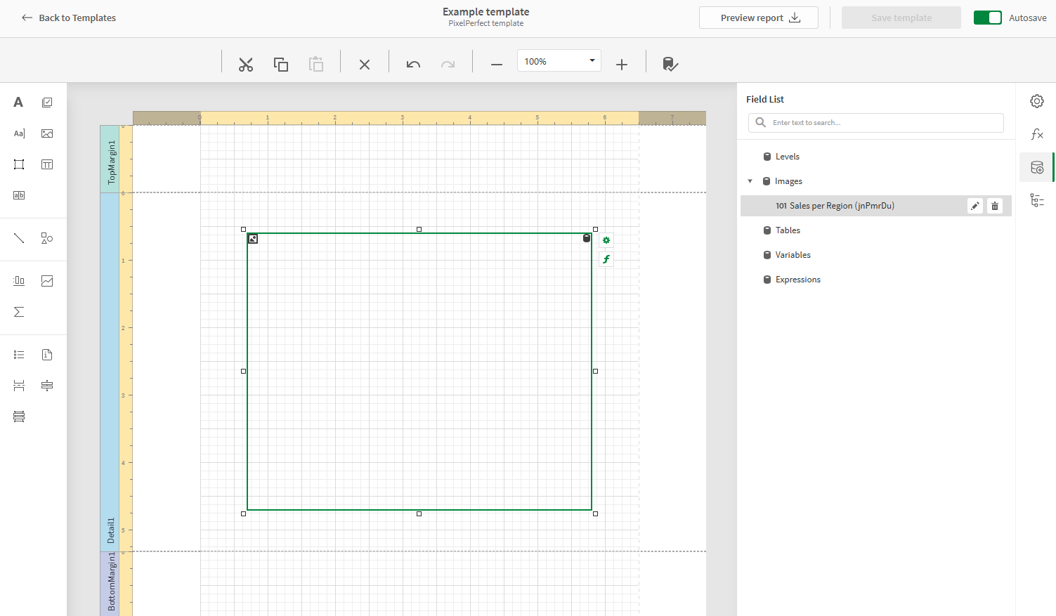 PixelPerfect report template with a chart image placeholder added to it. The 'Field List' menu is also open in the right side of the screen, showing the data binding used to create the chart image, under 'Images' node