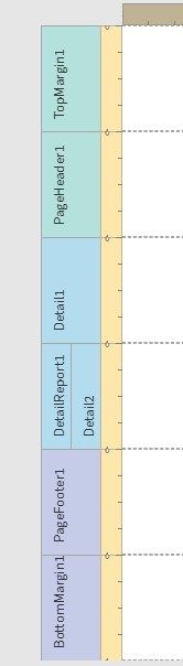 クリックしてフル サイズを表示 Image showing the bands in the PixelPerfect template as they appear in the design surface, such as TopMargin1,Detail1, and so on