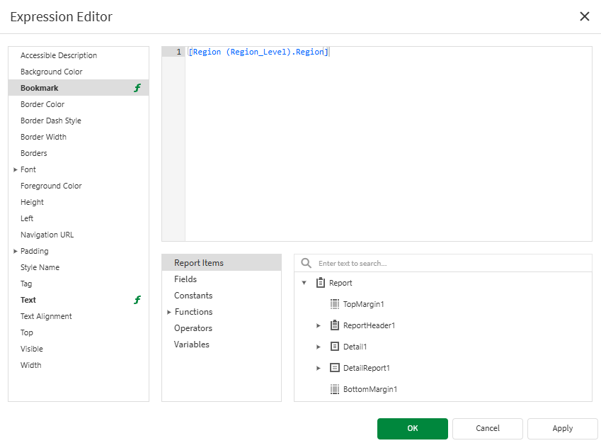 クリックしてフル サイズを表示 The Expression Editor showing the 'Bookmarks' configuration being edited. 'Bookmarks' is selected in the left side panel. The bookmark expression is entered in the editor as well