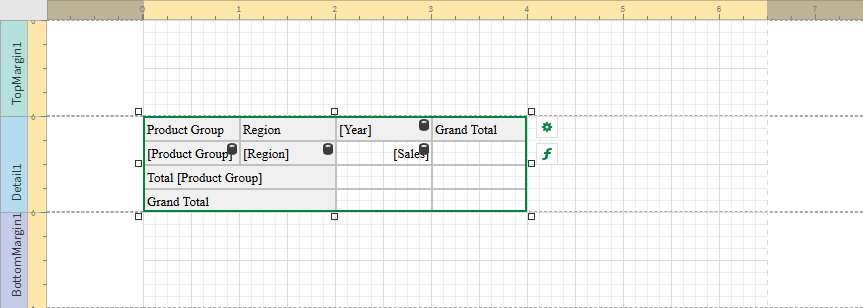 クリックしてフル サイズを表示 Report template showing the Cross Tab object after the object has been connected to the data binding. In this case, there are placeholder columns for headers, content, and automated totals