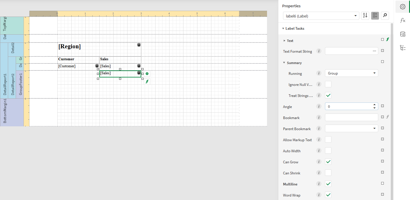 クリックしてフル サイズを表示 Designer interface showing a totals label added, along with the Properties for configuring the total calculations shown on the right side