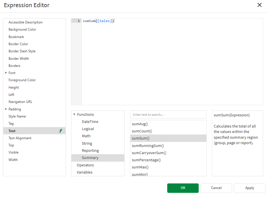 クリックしてフル サイズを表示 Expression Editor dialog showing an expression entered for summarizing aggregations