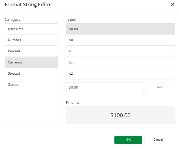 クリックしてフル サイズを表示 The Format String Editor dialog showing the options available for formatting text content