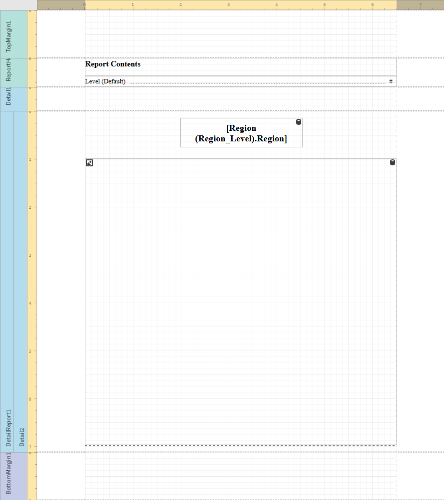 クリックしてフル サイズを表示 Report template showing a ReportHeader band that contains a Table of Contents placeholder. The Table of Contents will draw from the content in the DetailReport band (specifically the 'Region' level)