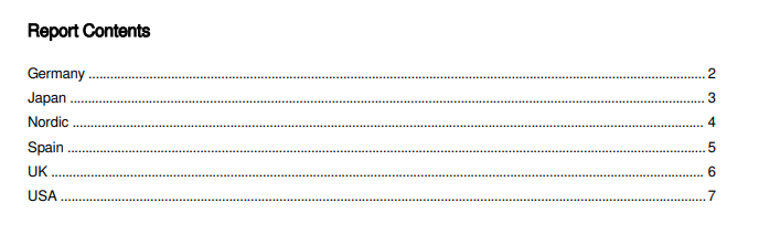 クリックしてフル サイズを表示 Generated report showing the Table of Contents, with items for each region value, along with their page numbers