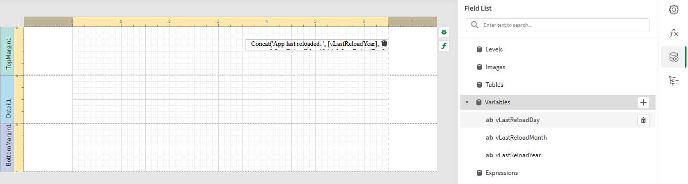 クリックしてフル サイズを表示 Report template with a label containing text and a variable value, added in the top margin