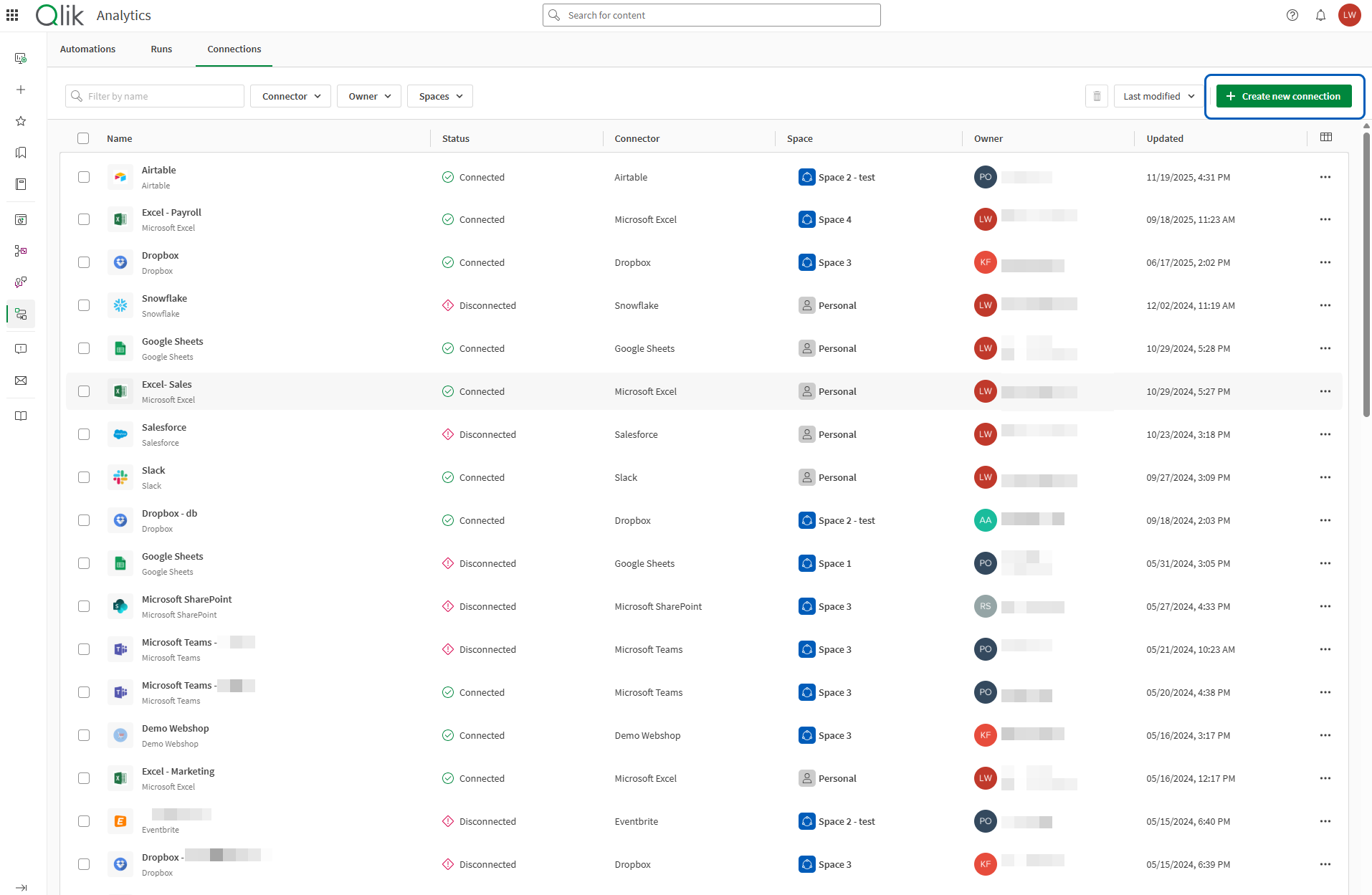 Image of the Connections page showing a list of connectors. Authenticated connectors are indicated with a check mark. Unauthenticated connectors are indicated with a cross mark.