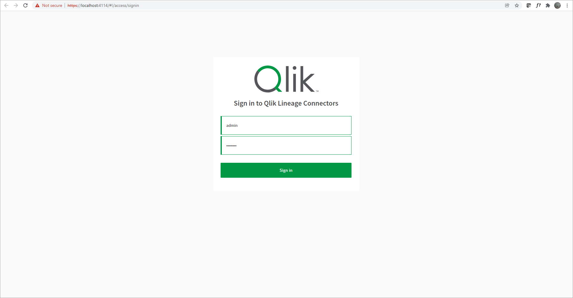 관리자 자격 증명으로 Qlik Lineage Connectors 웹 페이지에 로그인