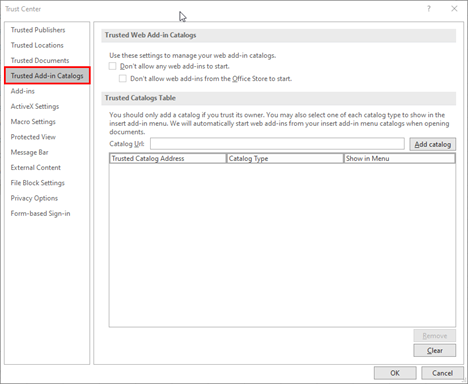Microsoft Excel 보안 센터의 '신뢰할 수 있는 추가 기능 카탈로그' 버튼