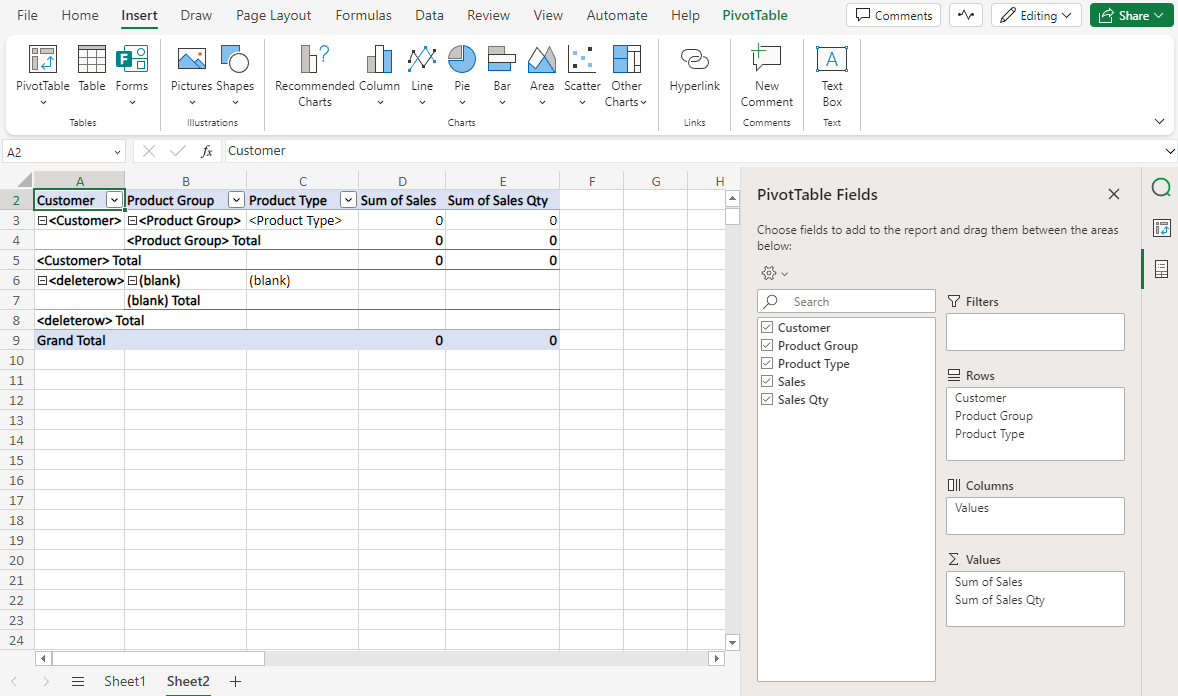 기본 Excel PivotTable에 대한 구성 설정