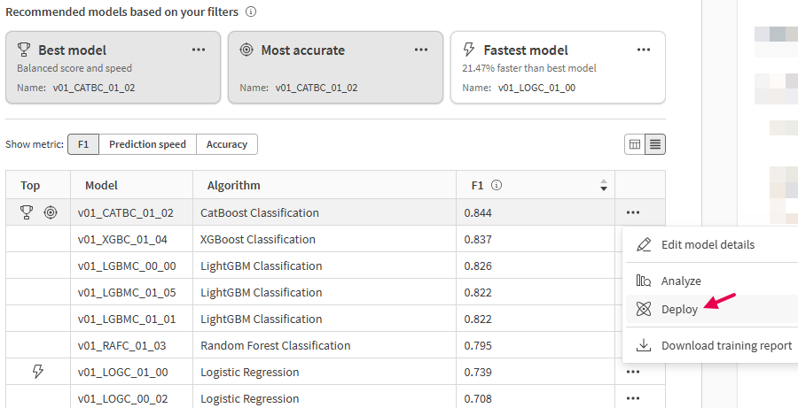 선택한 모델에 대한 '배포' 옵션 선택.