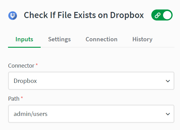 check if path exists input with dropbox selected as storage provider
