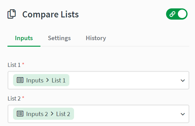 The input fields for the compare list block showing field mapped values for each list