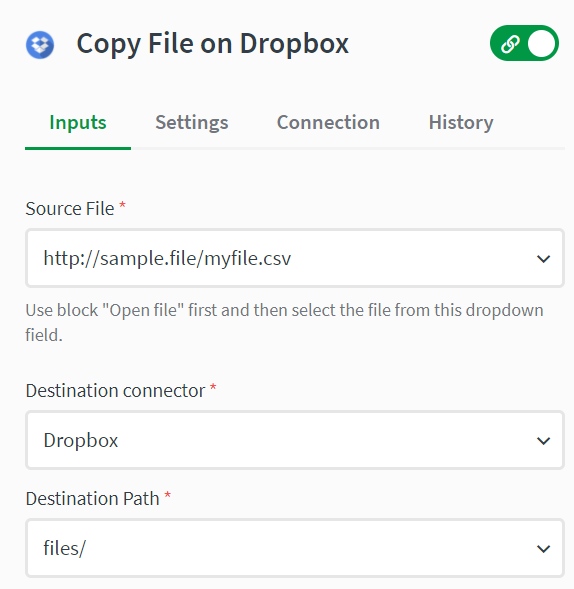 Copy file block with source http, dropbox, and destination path shown