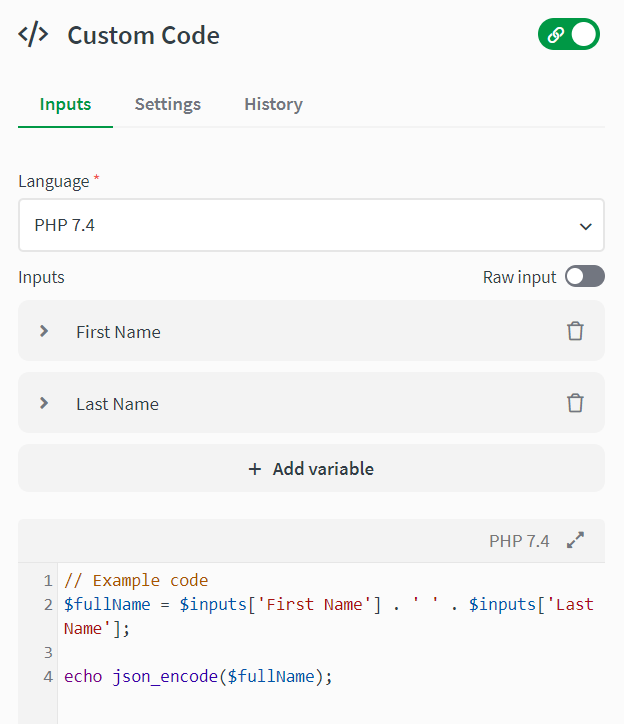 custom code block showing language and code snippet