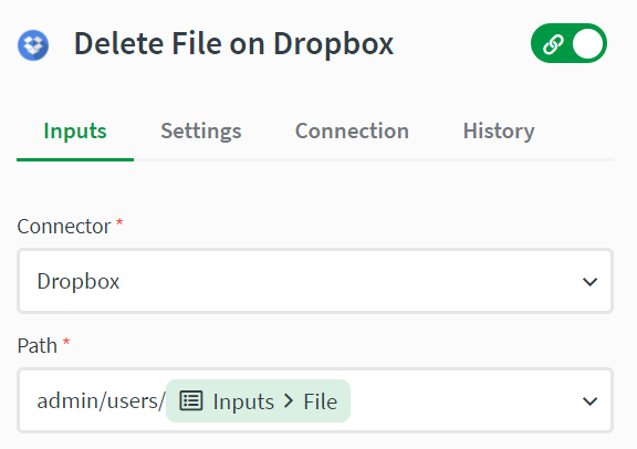 delete file block inputs with dropbox connection and path to file shown