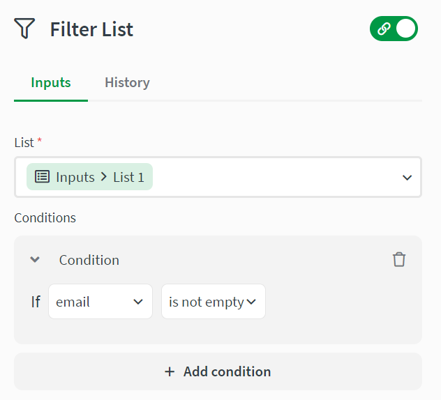 Filter list block inputs